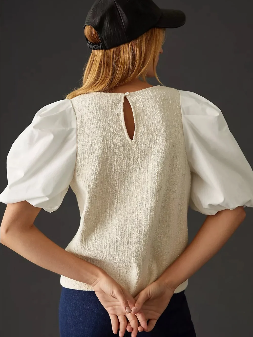 Anthropologie Puff-Sleeve Textured Blouse Top Women’s XS Petite Ivory